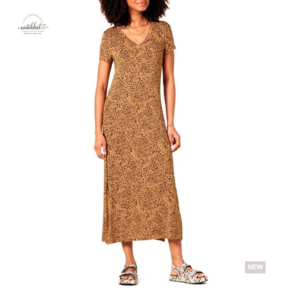 V-Neck Short Sleeve Midi Dress, Viscose Jersey, Regular Fit, Casual